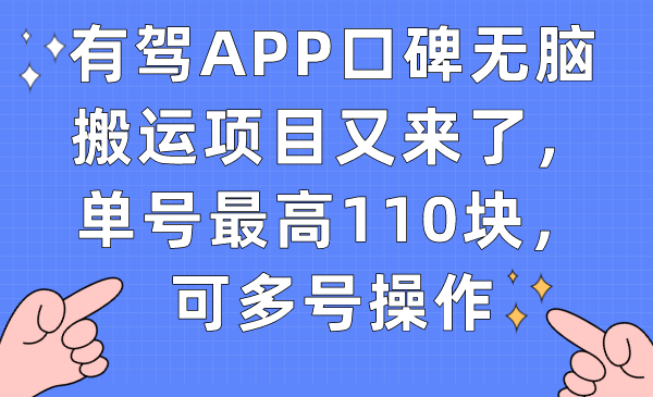 有驾APP口碑无脑搬运项目又来了，单号最高110块，可多号操作-阿戒项目库