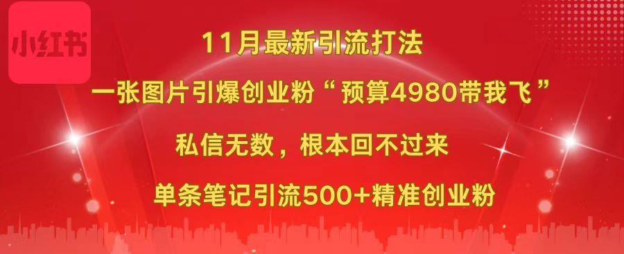 小红书11月最新图片打法，一张图片引爆创业粉“预算4980带我飞”，私信无数，根本回不过来，单条笔记引流500+精准创业粉-阿戒项目库