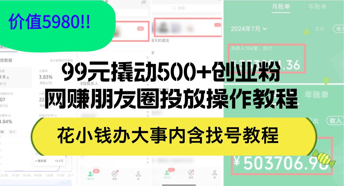 99元撬动500+创业粉，网赚朋友圈投放操作教程价值5980！花小钱办大事内…-阿戒项目库